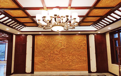 凤台中式别墅客厅中式木作横梁吊顶装饰展示
